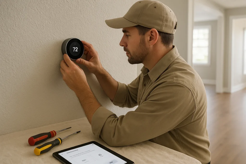 Technician installs smart thermostat in Jacksonville residence