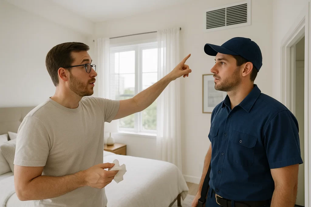 Technician helping homeowner adjust air purifier in a clean Florida bedroom