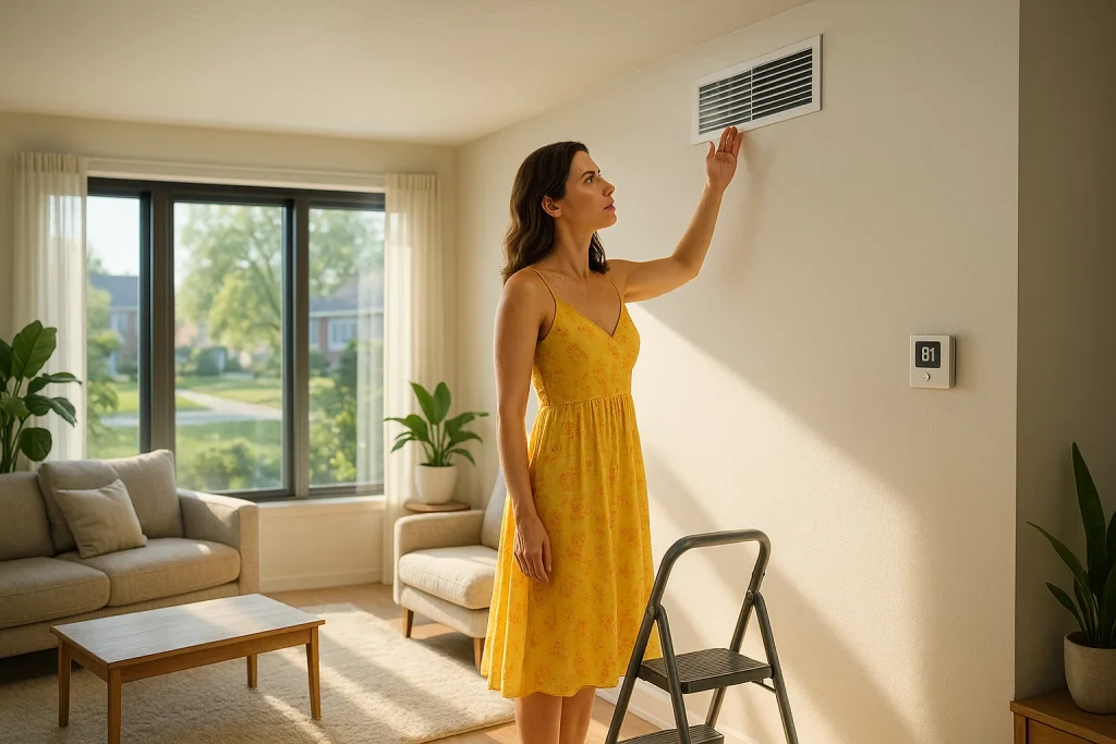 Woman in her mid-thirties in a yellow sundress on a step stool in a modern living room, checking airflow from a ceiling AC vent under bright sunlight.