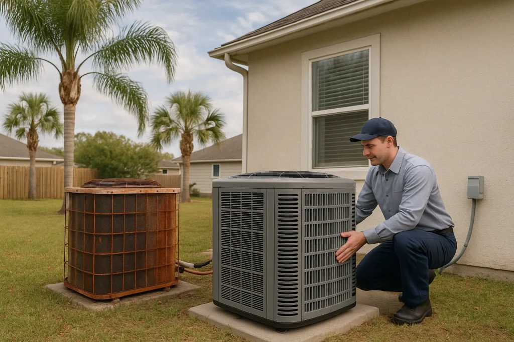 Technician installing new AC condenser next to old rusty unit in Jacksonville home