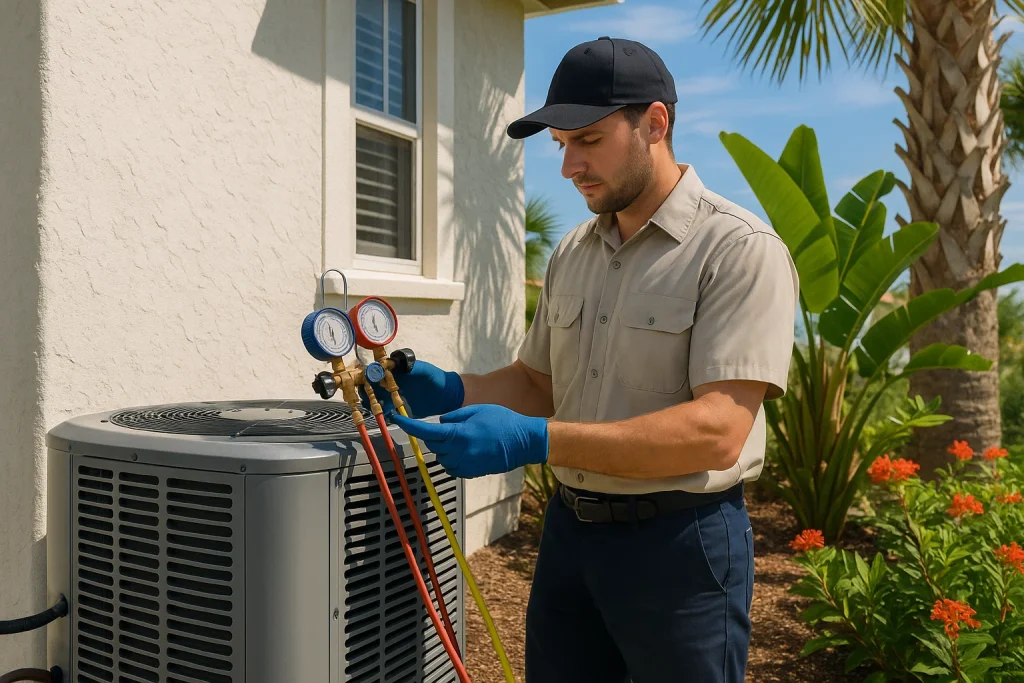 Technician checks refrigerant levels on outdoor A/C unit in Florida setting