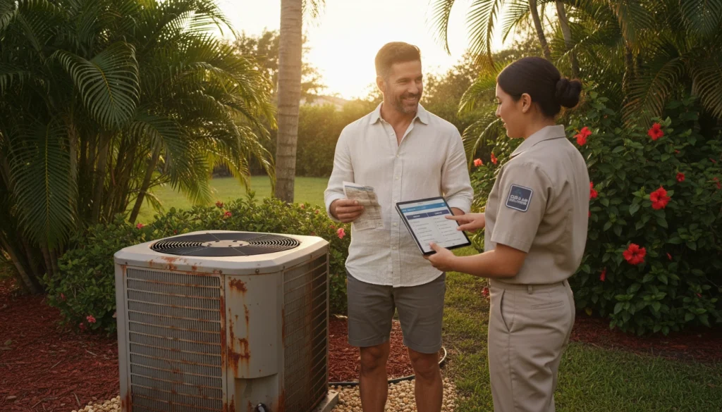 Florida homeowner evaluating old HVAC unit beside technician discussing repair or replacement.