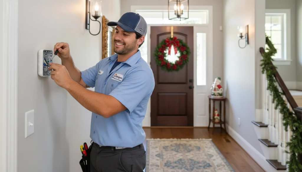 Technician installing smart thermostat in home with holiday decor and tablet controls