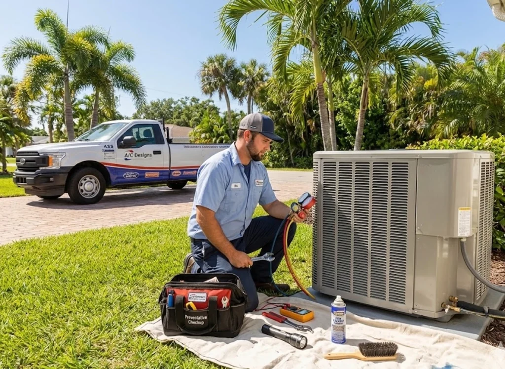 HVAC technician performing preventative maintenance on an outdoor AC unit in a Florida backyard.
