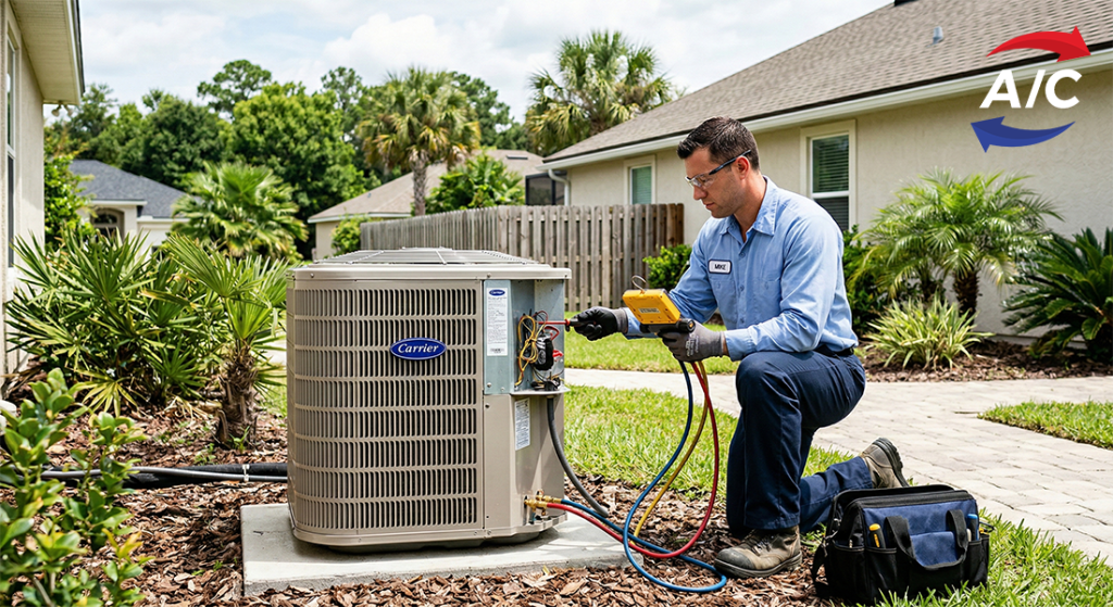 HVAC technician in a light blue collared uniform shirt checking an outdoor air conditioning condenser unit. The outdoor environment is set in a suburb in Jacksonville, Florida.
