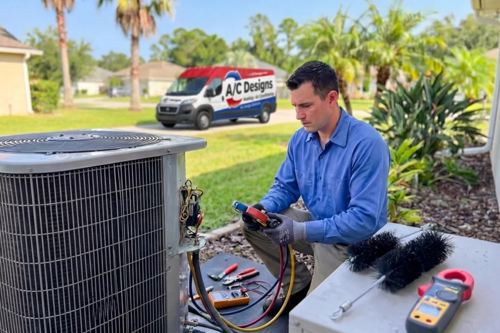 HVAC technician performing preventive AC maintenance in Jacksonville home