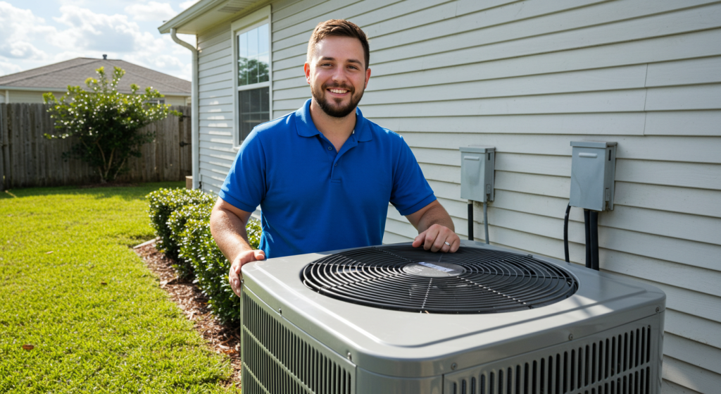 A smiling HVAC technician in a Florida backyard, checking an AC condenser unit.