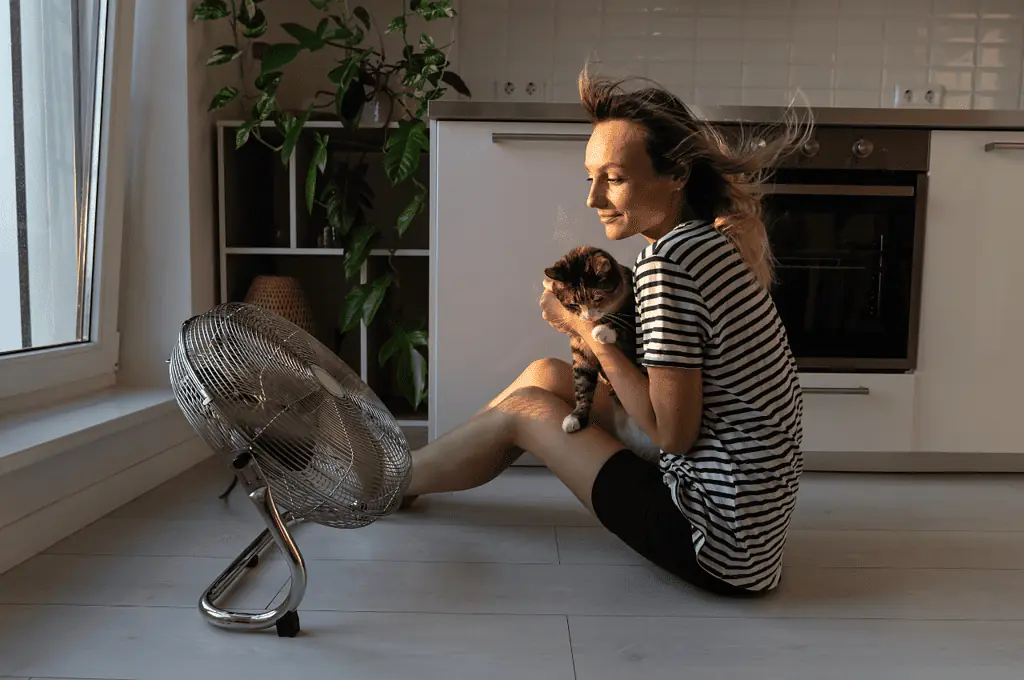 Woman and her cat sitting in front of a fan