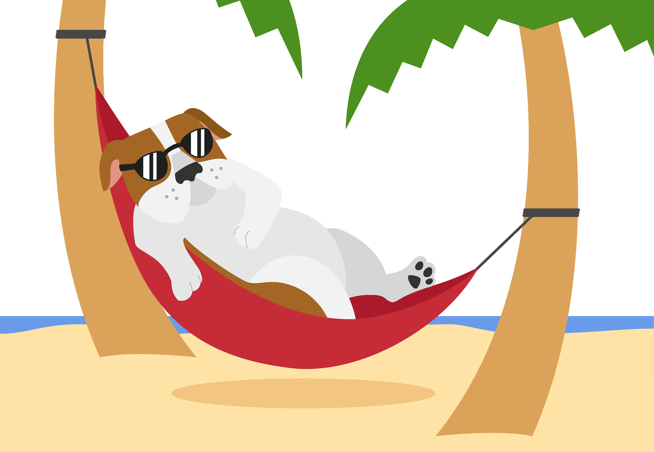 An illustrated bulldog laying in a hammock
