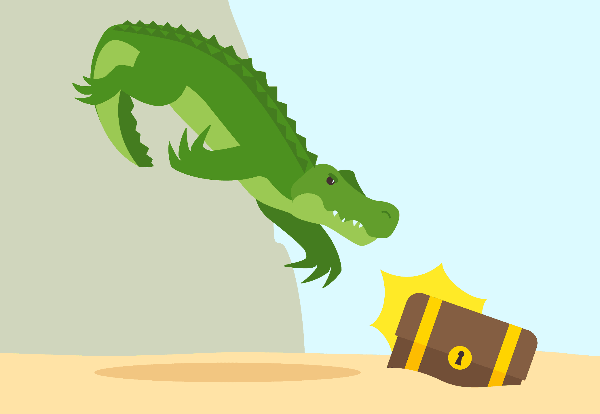 An illustrated alligator swimming toward a treasure chest