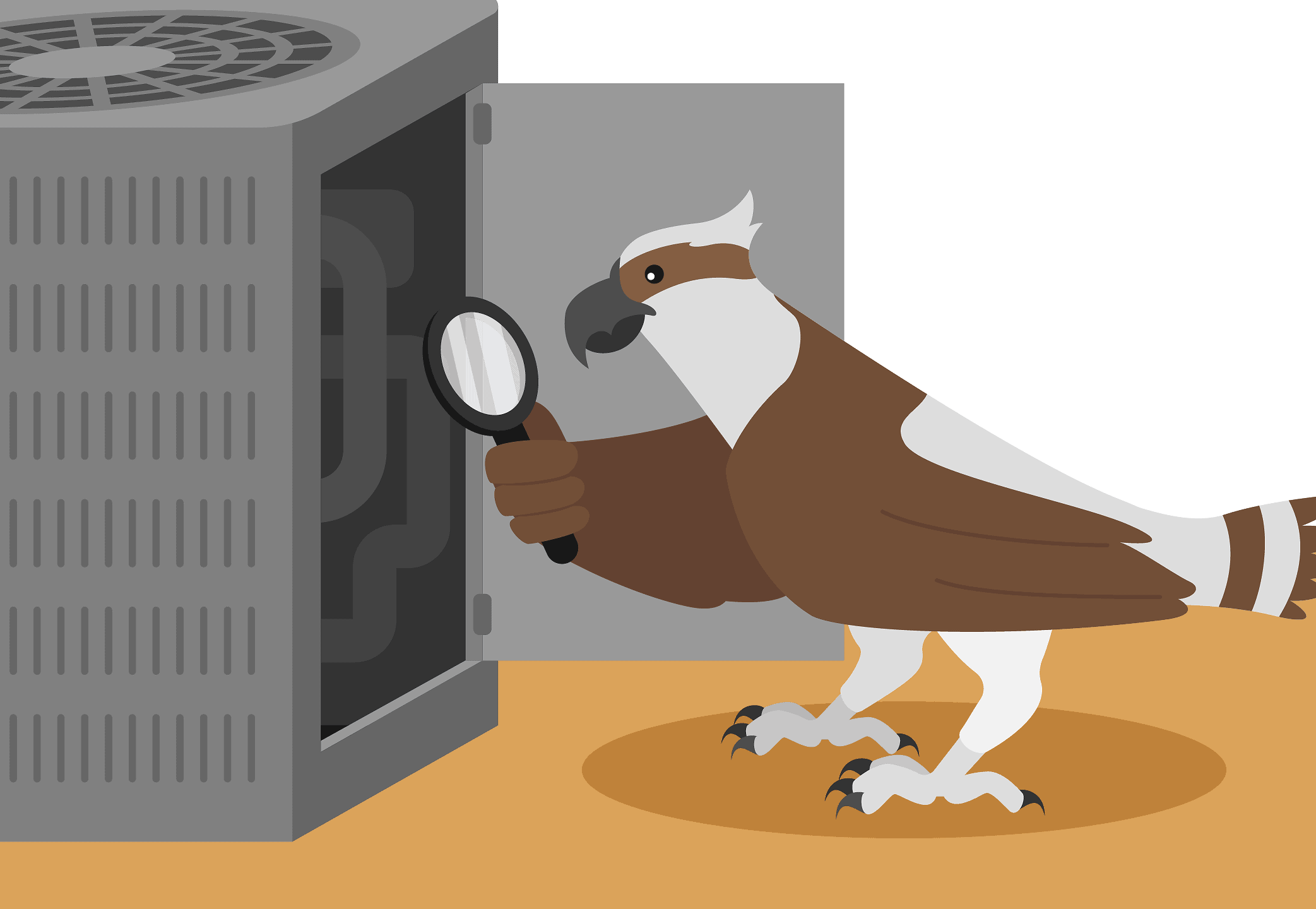 An illustrated osprey inspecting the inside of an AC unit