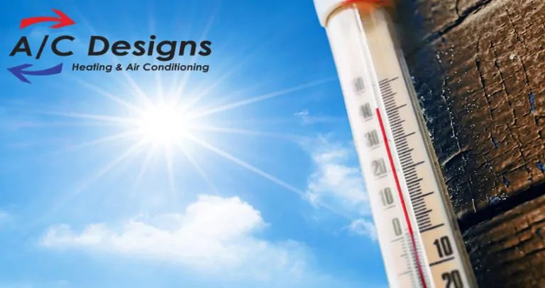 Thermometer with a high temperature reading on a scale, against a background of bright sun and a blue sky with clouds. The concept of hot, dangerous weather, global warming
