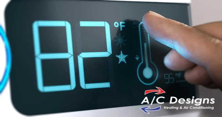Finger touching a digital thermostat temperature controller to set it at 82 degrees fahrenheit. Composite between an image and a 3D background