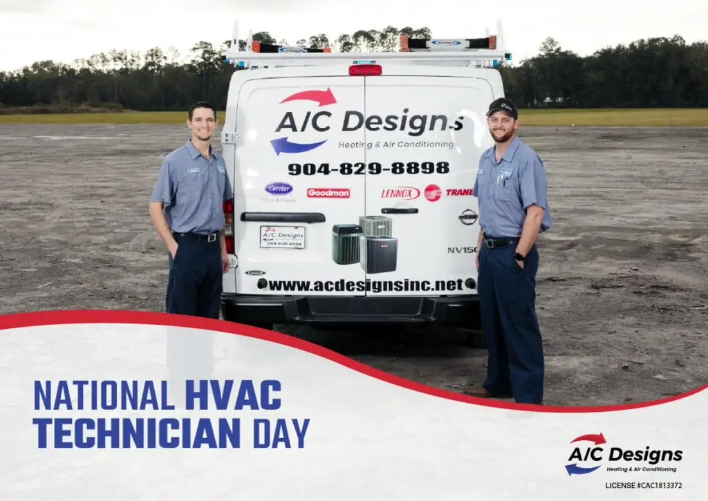 Two a/c designs HVAC techs stand next to a truck reads “National HVAC Technician Day”