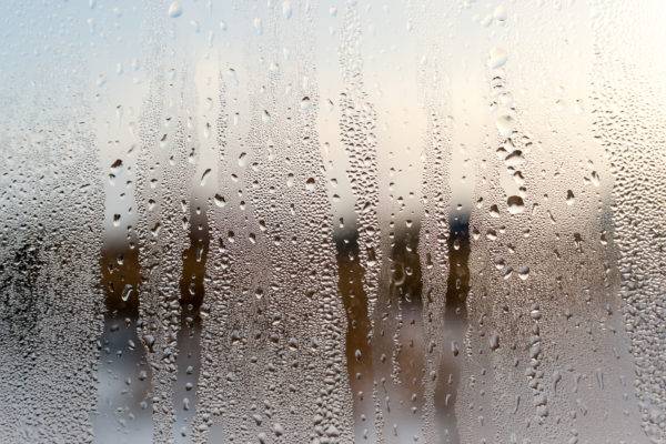 Condensation forms water droplets on the surface of a clear glass house interior window.